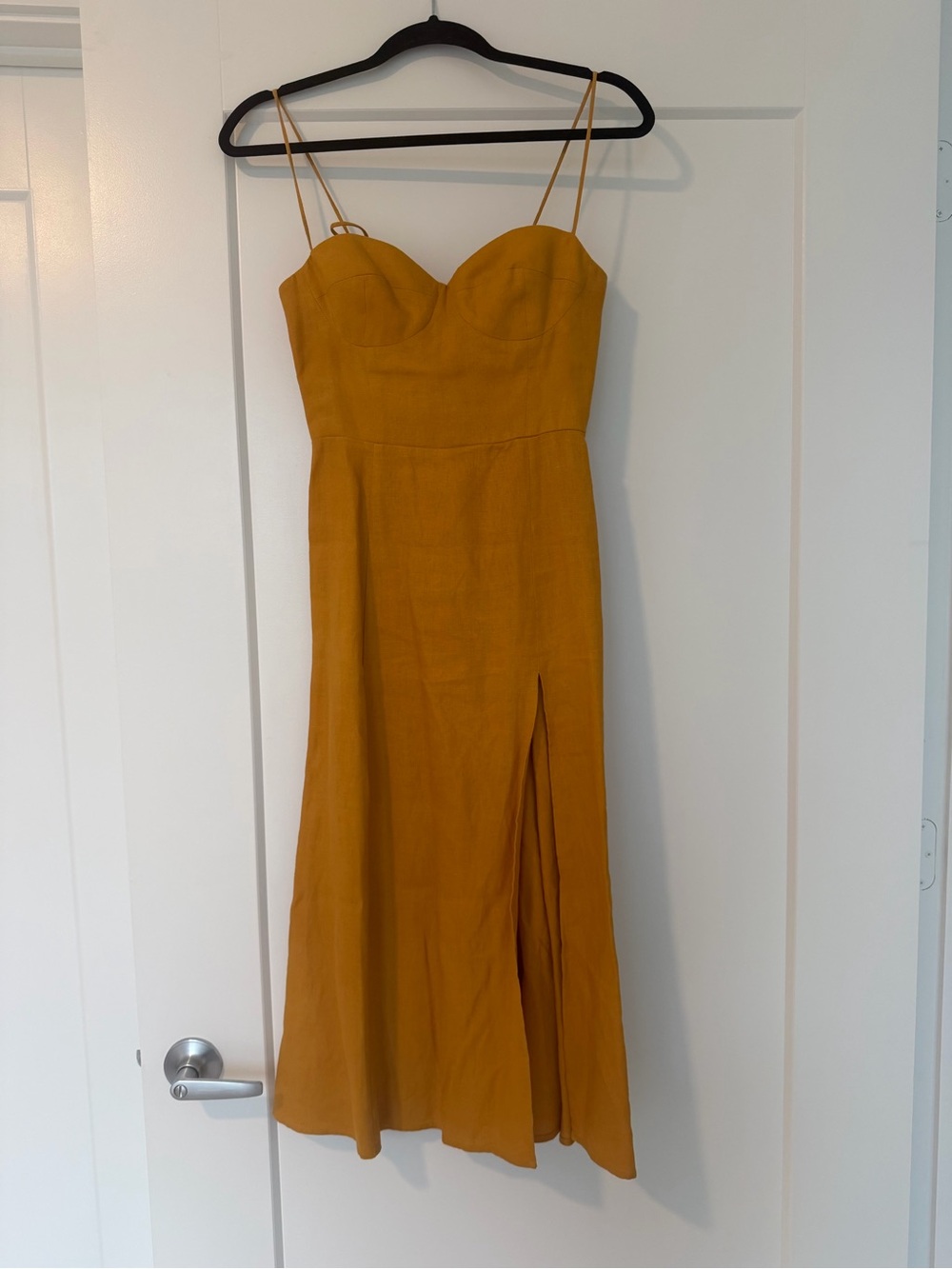Reformation Mustard Yellow Spaghetti-Strap Midi Dress with Side Slit
